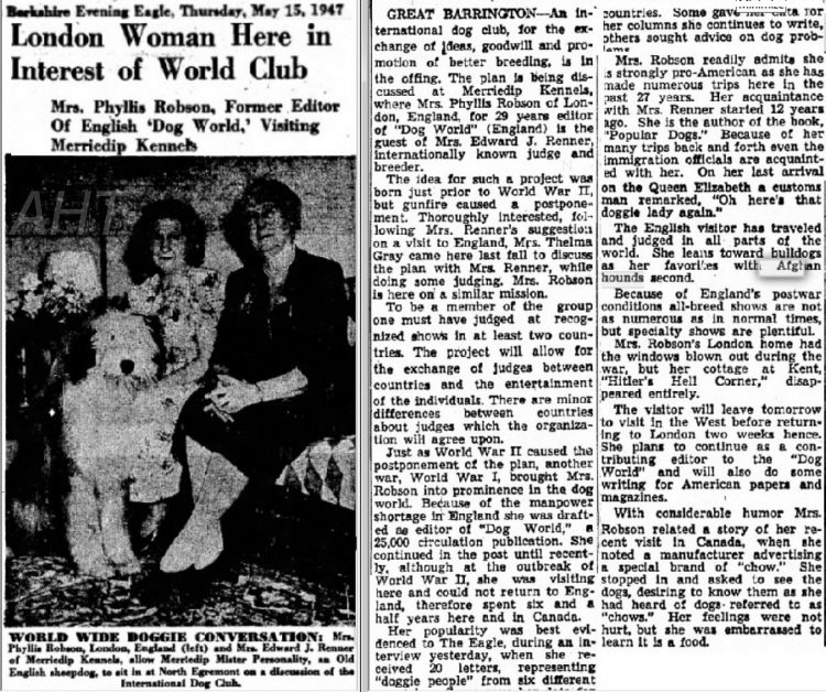http://www.afghanhoundtimes,com Phyllis Robson visits US to discuss setting up a World Dog Club 1947